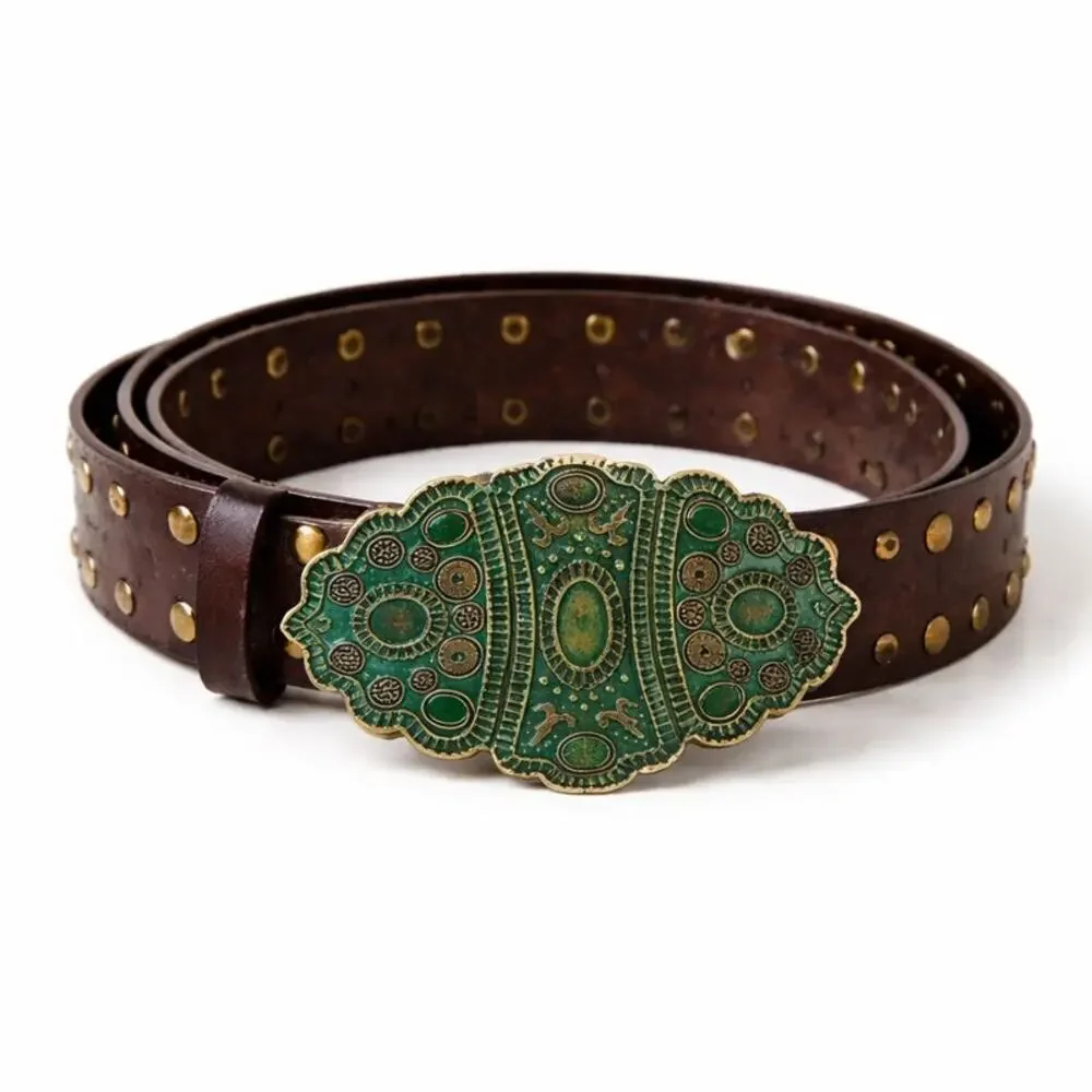 Vintage Brown Leather Studded Belt w/ Green Ornate Buckle | Boho Western